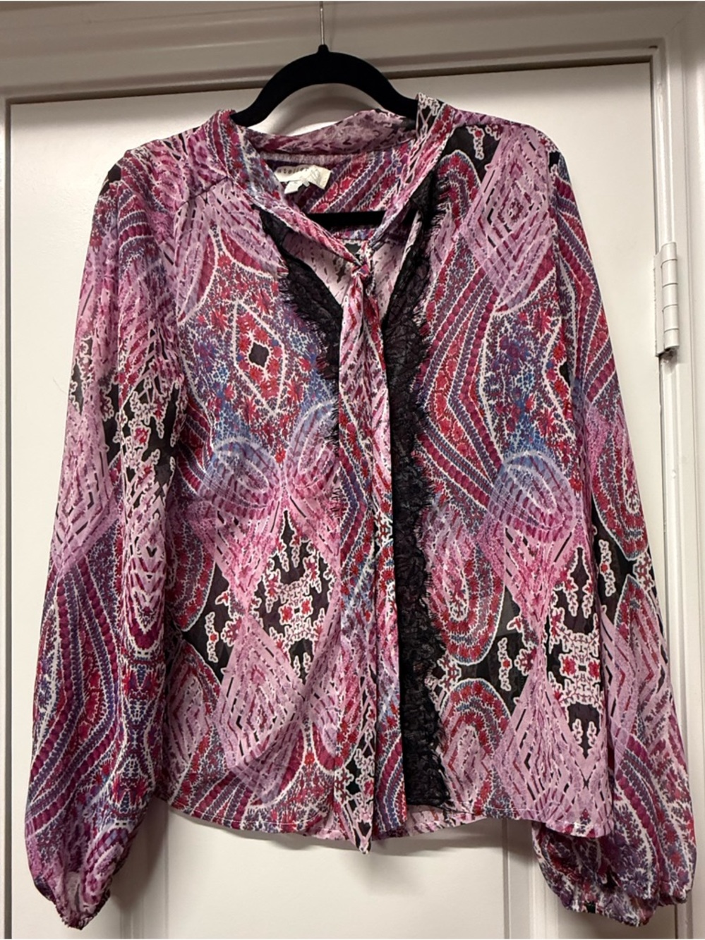 Atelier XL Boho Sheer Blouse Pink Paisley Lace Tie Neck Top